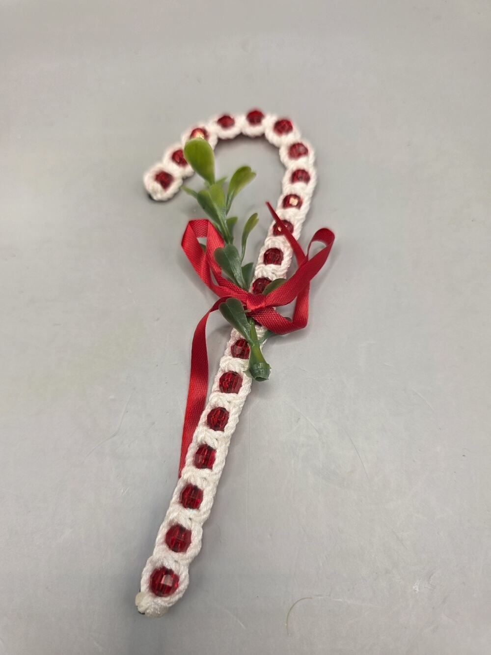 Vtg Hand Crafted 6" Crochet/ Plastic Bead Candy Cane Christmas Tree Ornament